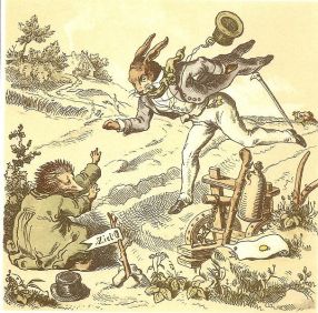 "Ich bin schon da!" Das Wettrennen zwischen Hase und Igel. Auszug aus einer 1855 erschienen plattdeutschen Ausgabe. Ein populärer Erzählstoff, der das moderne Kausalitätsverständnis persiflierte.